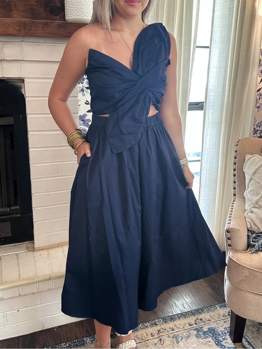 Twist-Front One-Shoulder Navy Midi Dress